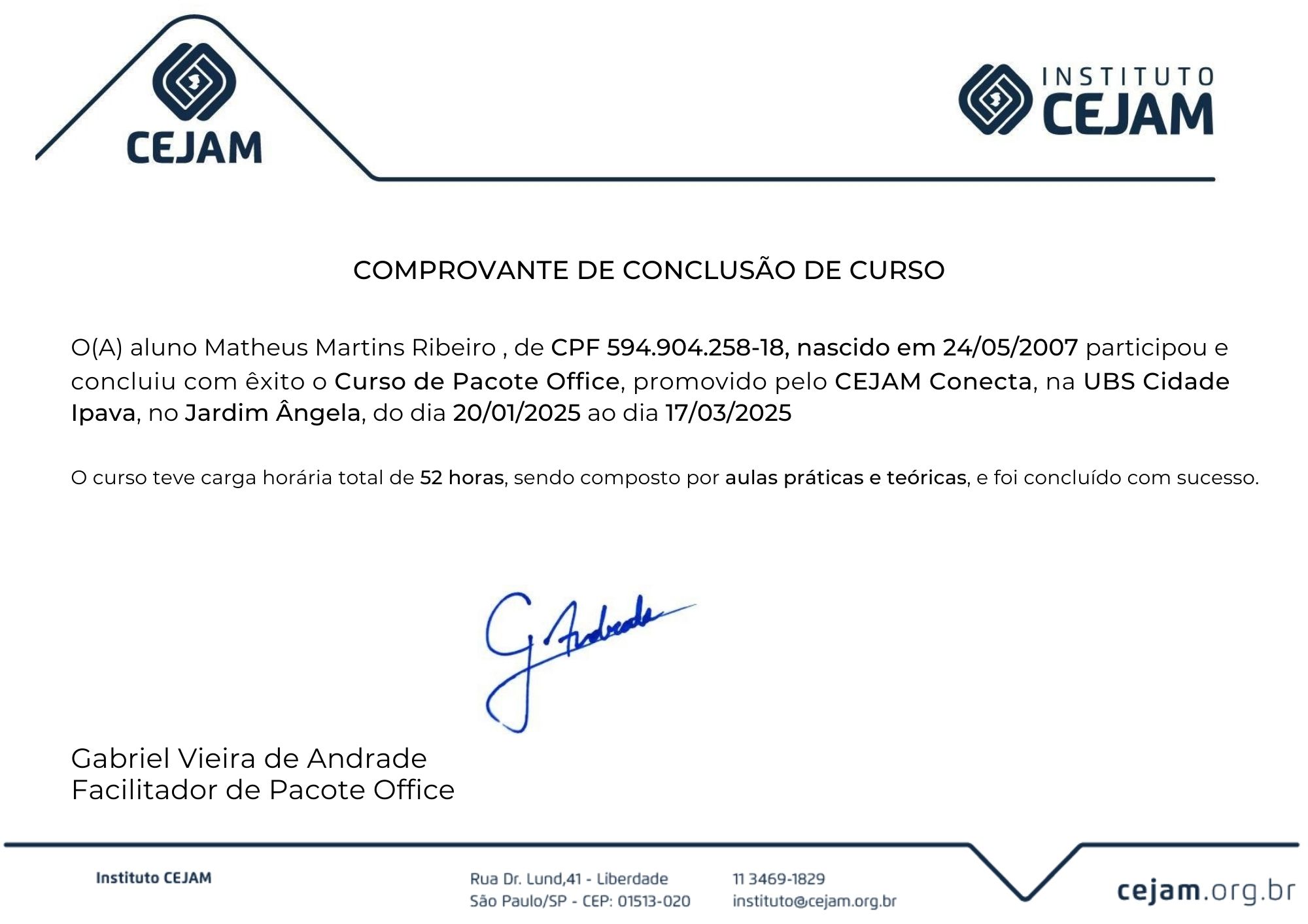 Certificado Pacote Office
